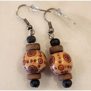 Beaded Dangle Earrings Wood Tribal Tan Brown Black Earth Tone Natural